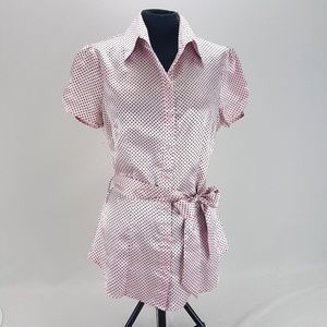 BCX Womens Blouse Pink Polka Dot Short Ruched Slv